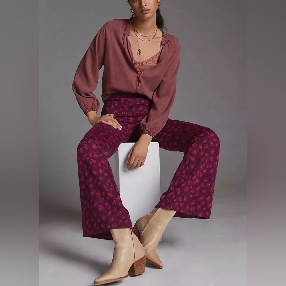 Anthropologie 🆕 Knit Flare Pants Plume Prune Color Stretch Elastic Waist Comfy